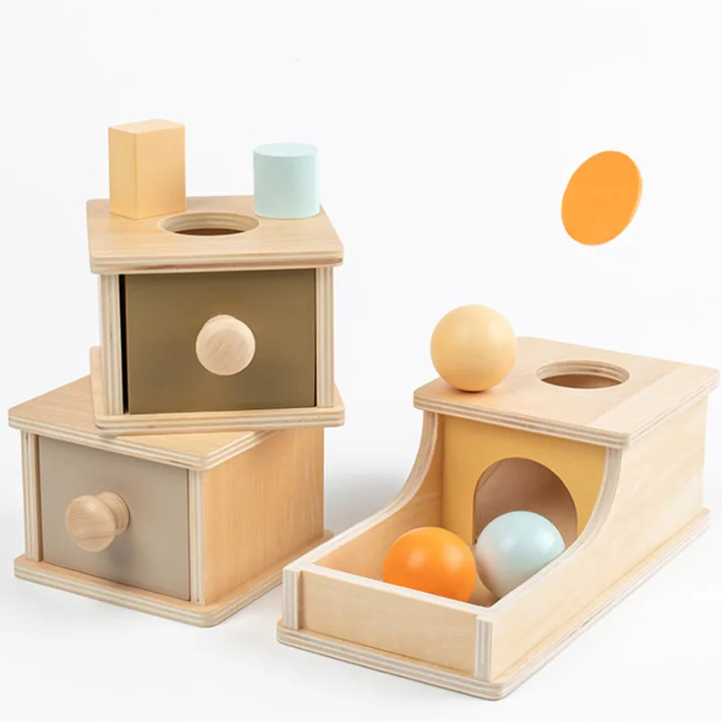 

Kid Educational Toy Children Montessori Object Permanence Box Hammer Box Macaron Wooden Toys Coin Ball Textile Drum Drawer Box
