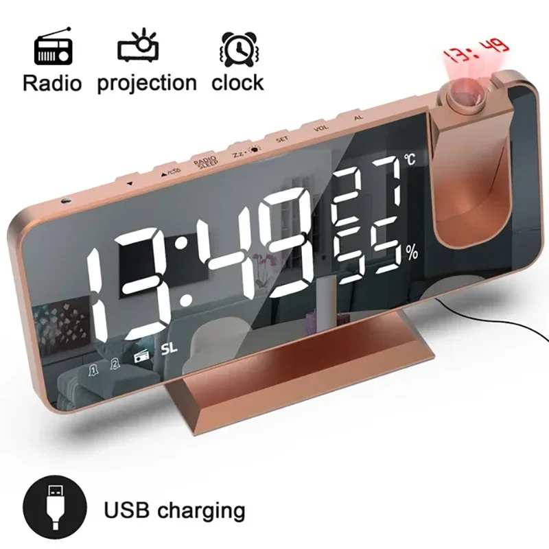 Фото Светодиодный экран, цифровой USB-будильник, FM-радио, проектор времени, часы, недельный дисплей, декор со столом влажности, домашние часы с температурой и датой №1