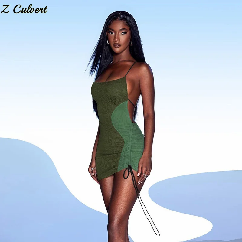 

Z Culvert 2022 Spring Summer Fashion Sexy Contrasting mesh stitching pleated open back sexy bag hip Sling Bandage pack hip dress