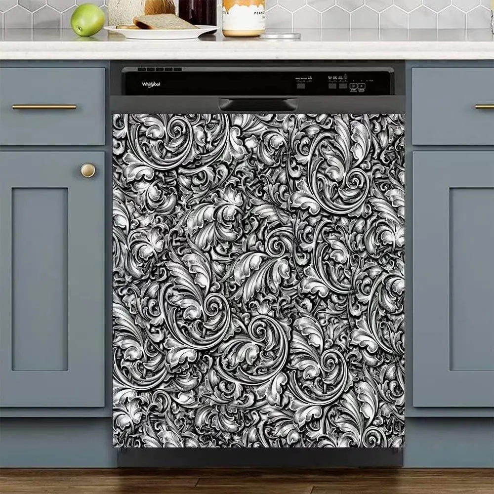 

Scollwork Magnet Cover Dishwasher Panel Decal Sticker Black White Flowr Magnetic Refrigerator Stainless Fridge Magnets Washer Do
