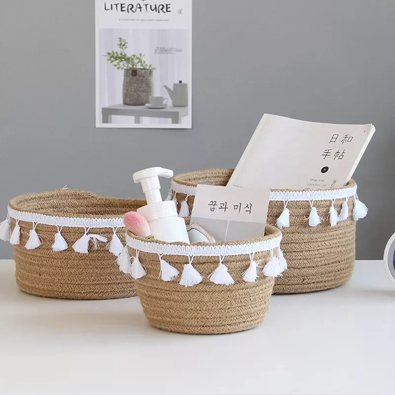 

NEW Rope Storage Baskets Weaving Nordic Home Sundries Baby Toys Candy Tassels Storages Basket Desktop Small Organizer Box