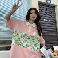 preppy style checkerboard polo shirt female polo t shirt japanese style kawaii fashion women tees unisex clothes vintage top