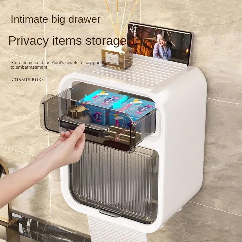 

Multifunctional Toilet Tissue Box Storage Rack with Punching Bathroom Wall Hanging Storage and Paper Drawer