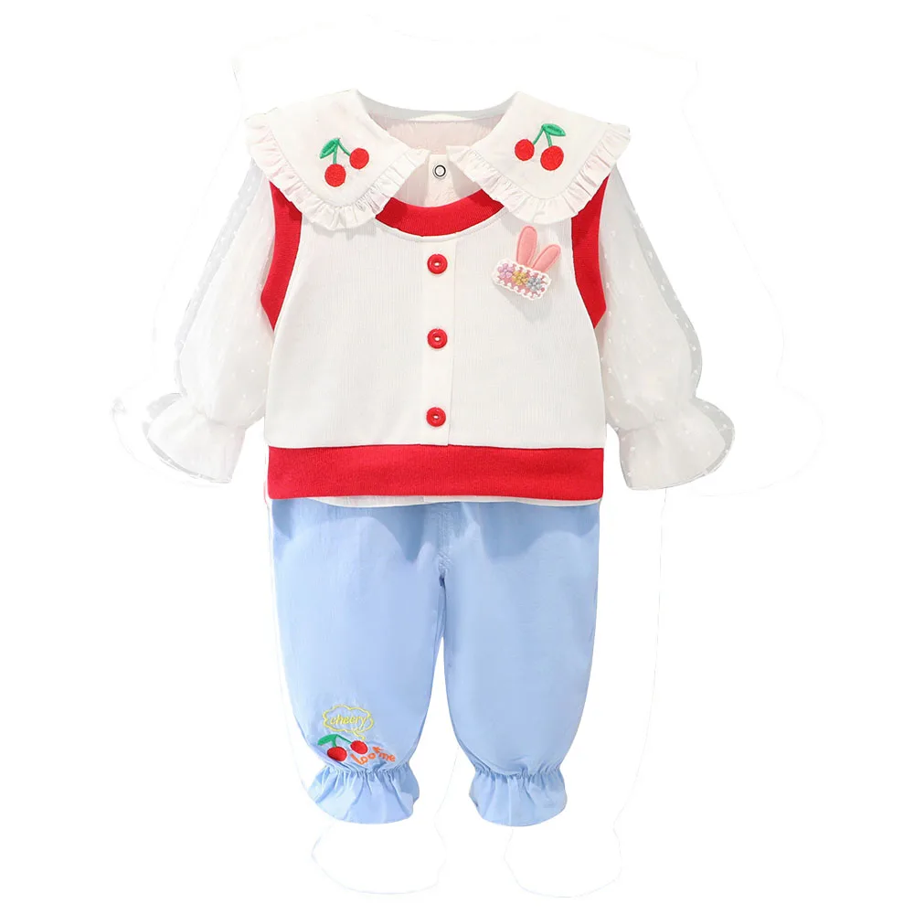 

Новинка 2022, весенний костюм для девочек, рубашка с длинным рукавом + жилет + брюки для девочек, стильные детские костюмы из 3 предметов для дев...