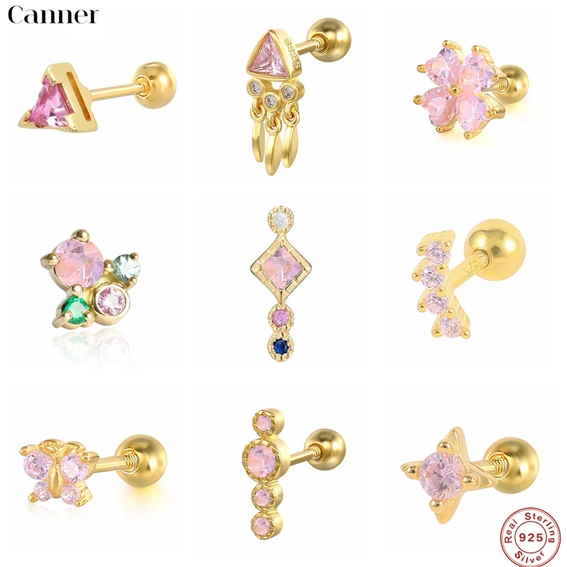 

CANNER 1pc 925 Sterling Silver Pink Zircon Stud Earrings Helix Star Moon Piercing Earrings For Women Jewelry Cartilage Aretes