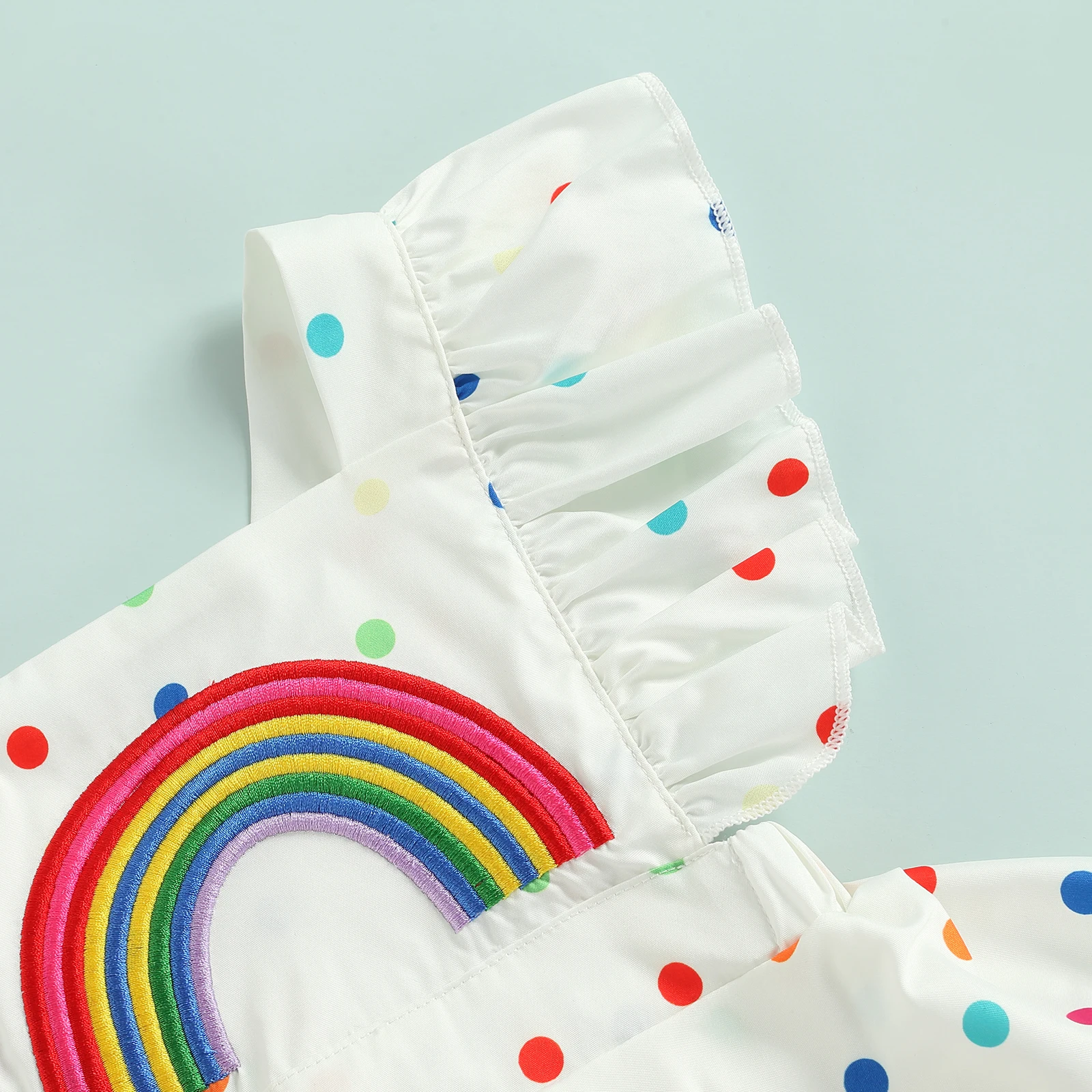 0-24M Baby Girls Summer Romper Dress Cute Rainbow Dots Pattern Ruffle Sleeve Cross Back Bodysuit | Rompers
