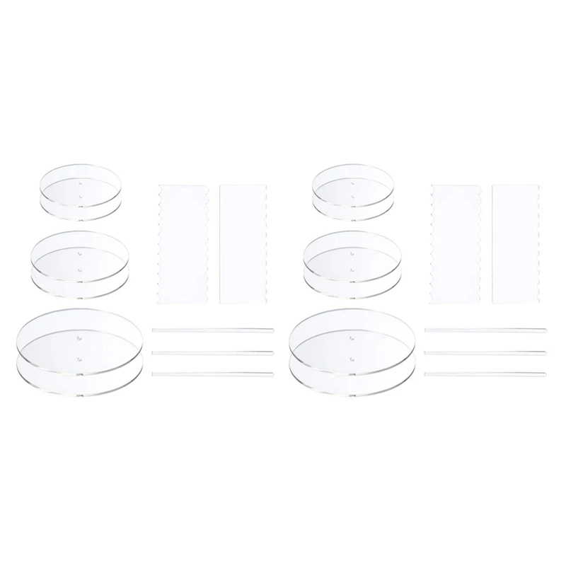 

2 Set Acrylic Round Cake Disk Set - Cake Discs Circle Base Boards With Center Hole - Comb Scrapers (4 Patterns)