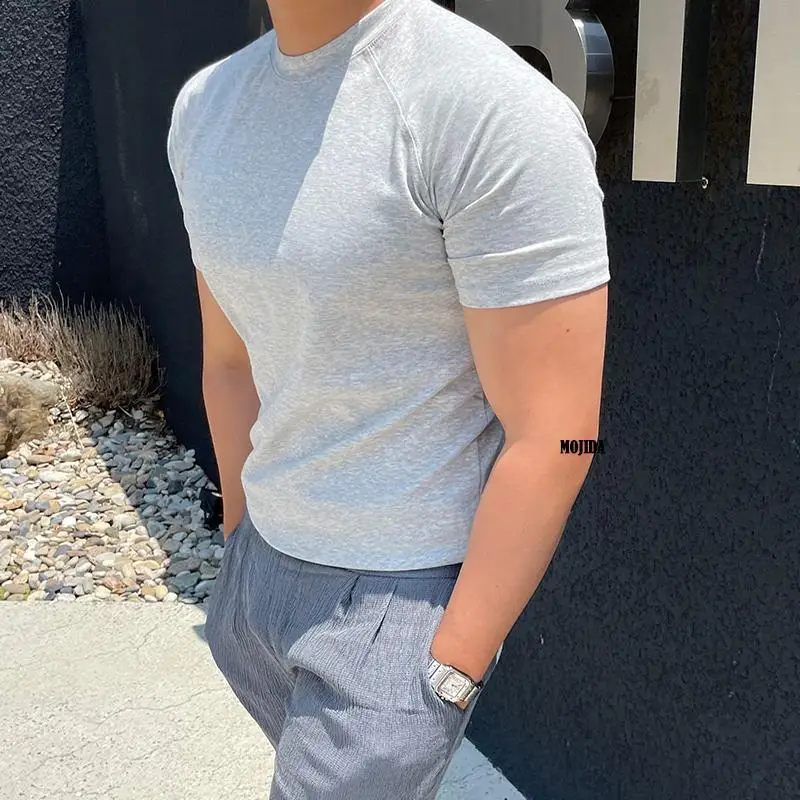 Extra Large 50.00kg Solid Raglan Short sleeve T-shirt Men's Clothing Summer Fashion Brand Sports Fitness Stretch Bottoming S...