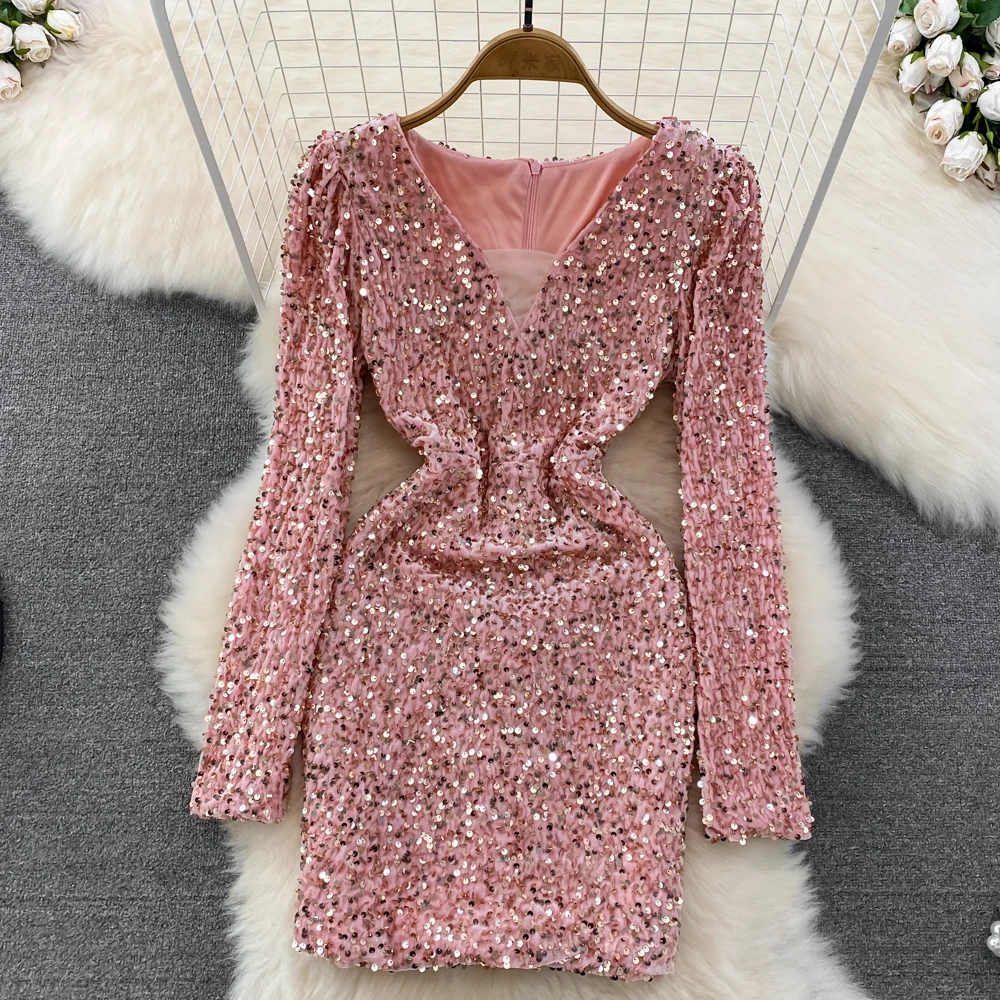 

Women Autumn Winter Dress Sequins Retro Temperament Long Sleeve V Neck Tight Slim Sexy Fashion Mini Dresses Female Party Wear