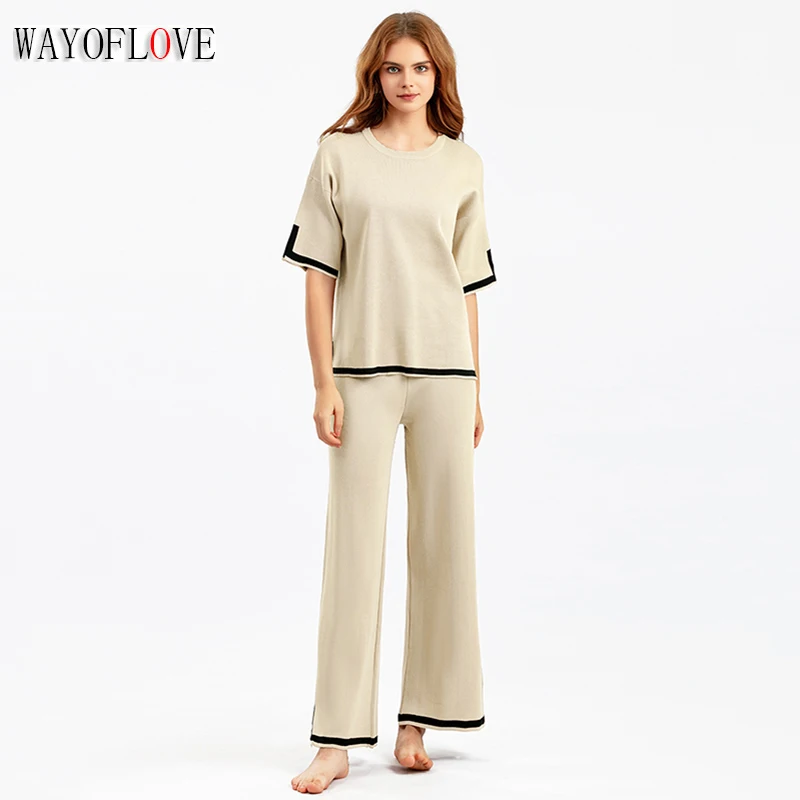 

WAYOFLOVE Knitted Sweater Women Two Pieces Sets Spring Autumn Loose O-Neck Pullovers Sweater Tops & Wide-Leg Pants Knitwear Suit