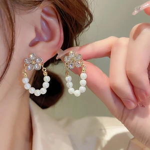 Exquisite Korean Zircon Flower Pendant Earrings For Women Fashion Girls Pearl Dangle Earrings Party Boho Jewelry Birthday Gifts