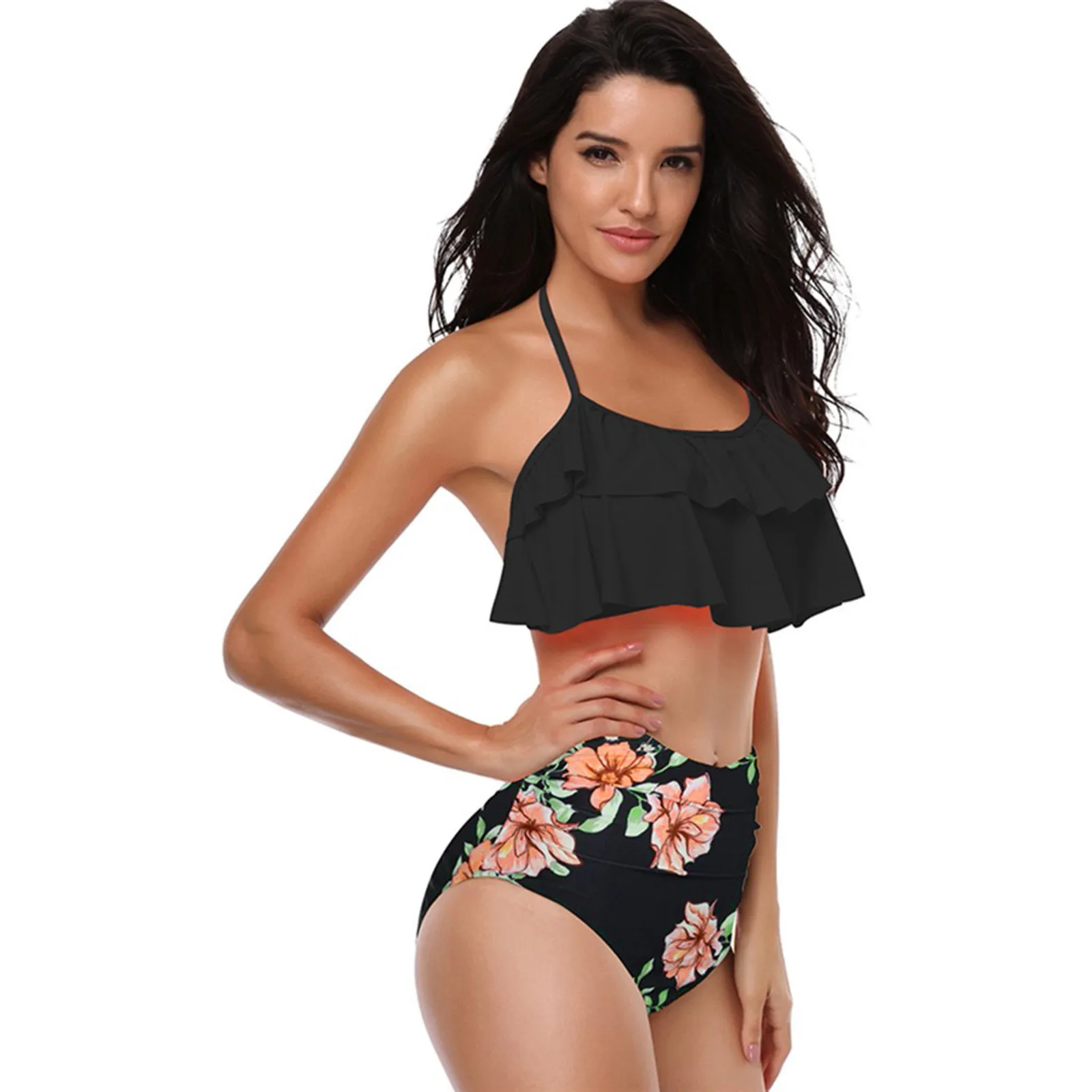 

Fashion Split High Printed Waist Swimsuit Flower Ruffled Casual Ladies Swimwears Tankinis Set Swimwears tankinis bikini