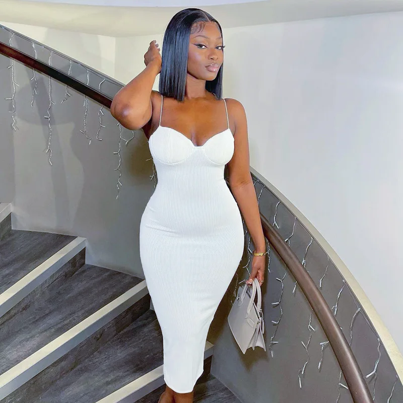 

Spaghetti Strap Bodycon Sexy Midi Dress for Women 2022 Summer Elegant Backless Party Evening White Slip Long Dresses ClubOutfits