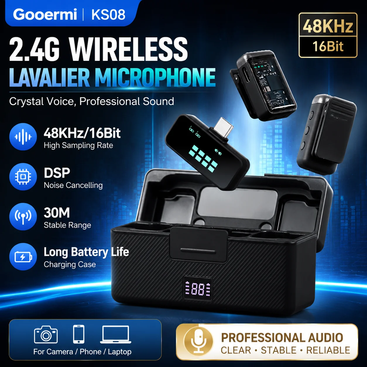 Фото Беспроводной петличный микрофон Gooermi KS08 2.4G с частотой 48 кГц/16 бит, технологией Crystal Voice и шумоподавлением DSP, радиус действия 30 м для камер и телефонов №1