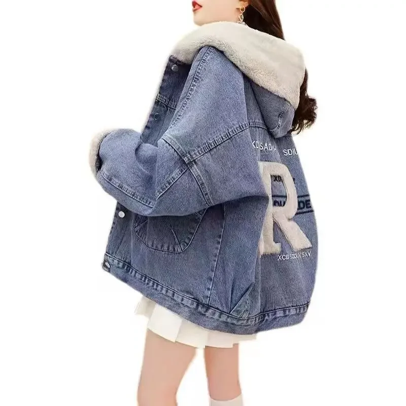 Осень-зима женская джинсовая куртка с капюшоном из чистого хлопка в стиле ретро