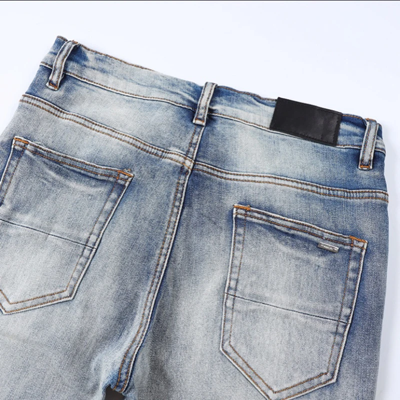 2023 Luxury Brand Men's Jeans Casual Skinny Denim Ripped Patch Stretched Pants Fashion Flame Fireworks Printing Slim Trousers