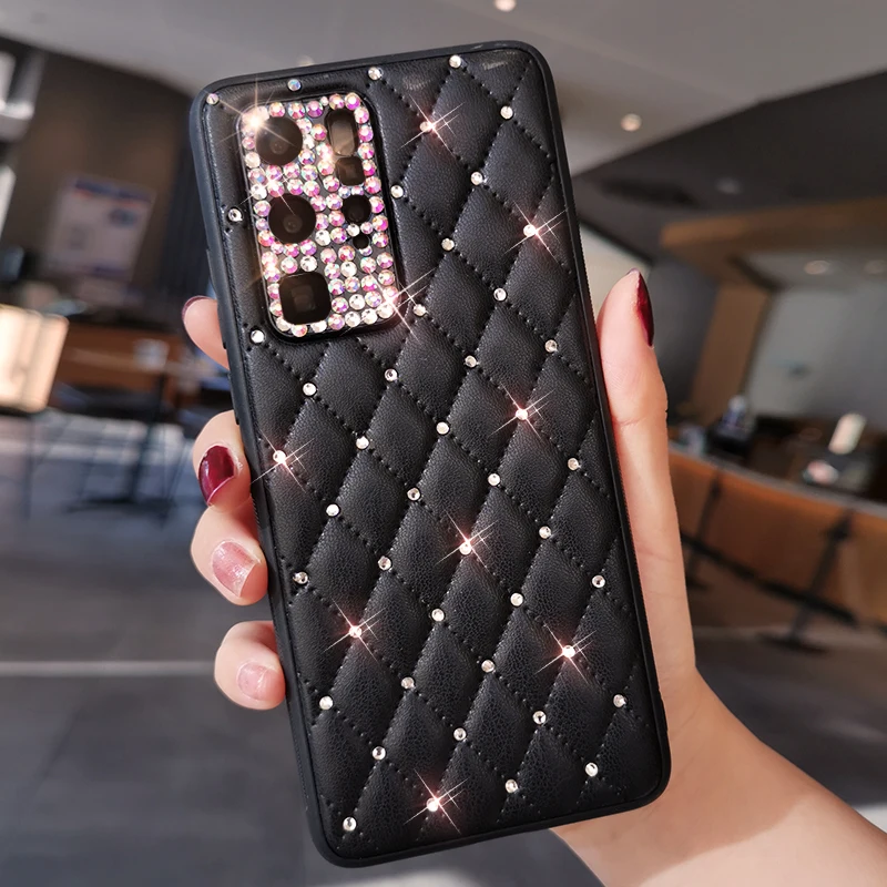 

Fragrance Luxury Leather Phone Case For Huawei Mate 30 40 P50 Pro Rhinestone Rhombus Case for Huawei Honor 50 Pro Cover Case