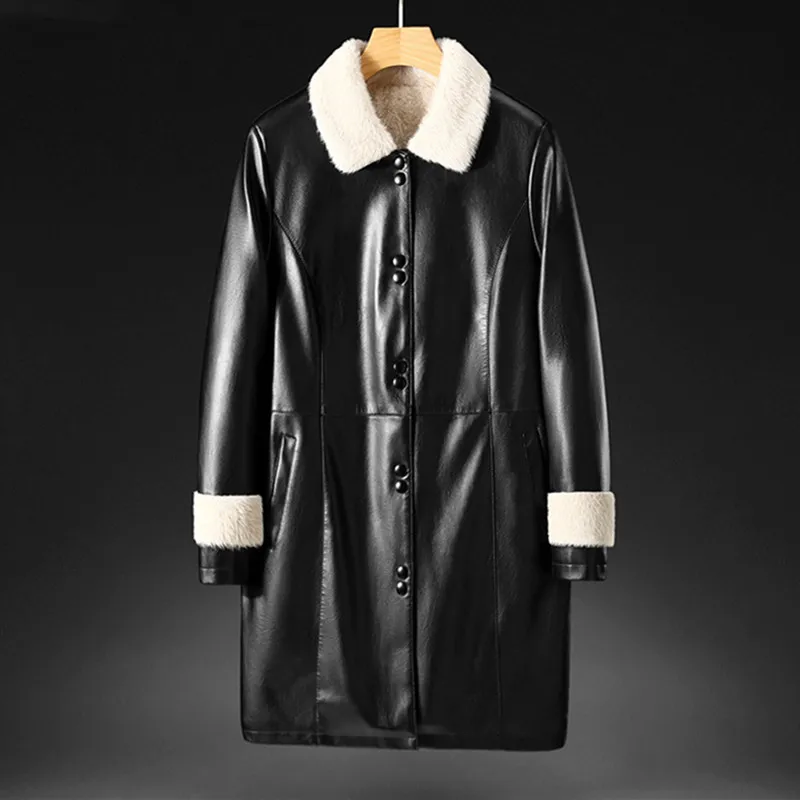 Faux Leather Lambs Wool Long Coat for Mother Thick Warm Lined Coats Suede Leather Jackets Winter Women Fur Collar Outerwear