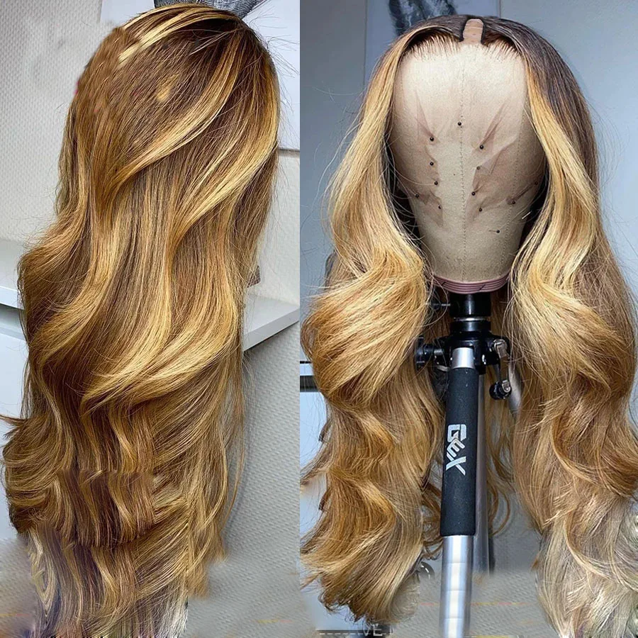 Highlight Honey Golden Blonde Loose Wave V Part Wigs Wavy 100% Human Hair Wig Glueless Unprocessed Middle Open U Shape Full End