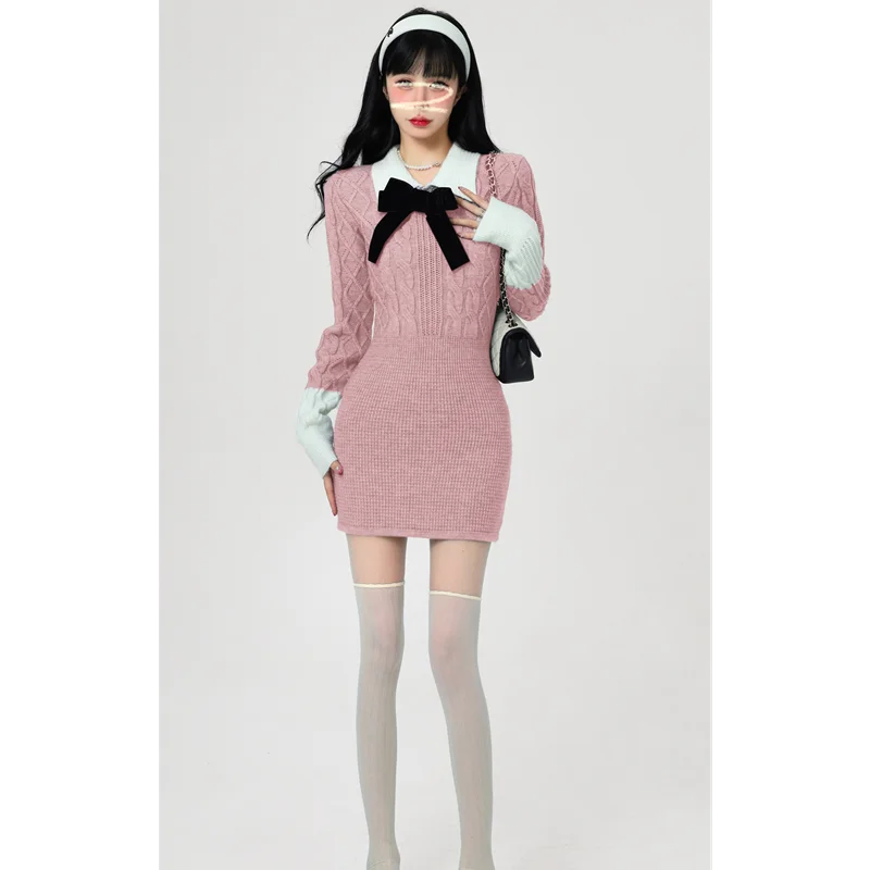 

Pink Women Sexy Beauty Dress Long Sleeve Dres A-line Skirt Advanced Sense Fashion Female Doll Collar Sheath Short Knitting Dress