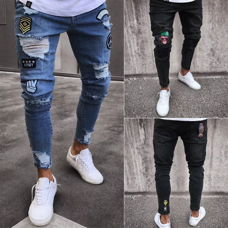 

Slim fit Stretch Denim Distress Frayed Biker Scratchted Hollow out Long Jeans Boy Zone Fashion Mens Skinny Jeans Rip