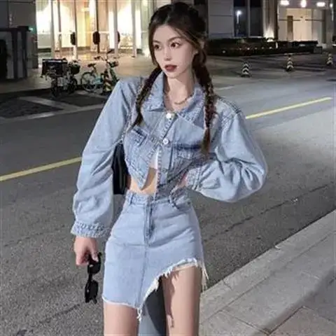 

New Denim Single Breasted Jacket Crop Top with High Waist Skirt Korean Sweet Outfits Two Piece Female Pleated Denim Skirts V47