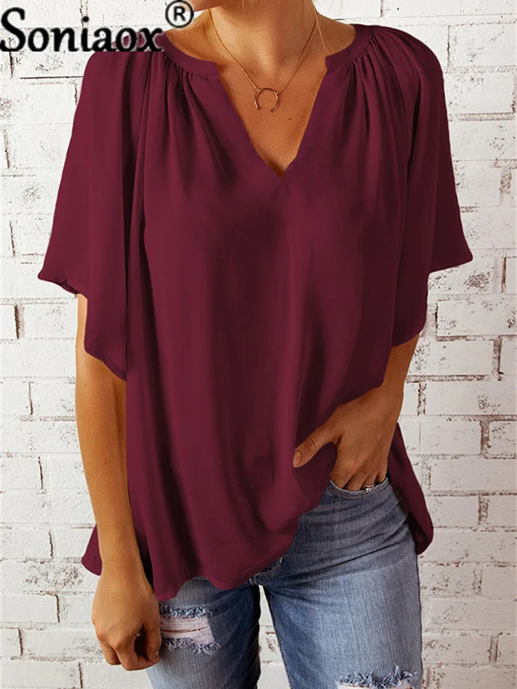 Женская винтажная рубашка с V-образным вырезом однотонная блузка рукавом до