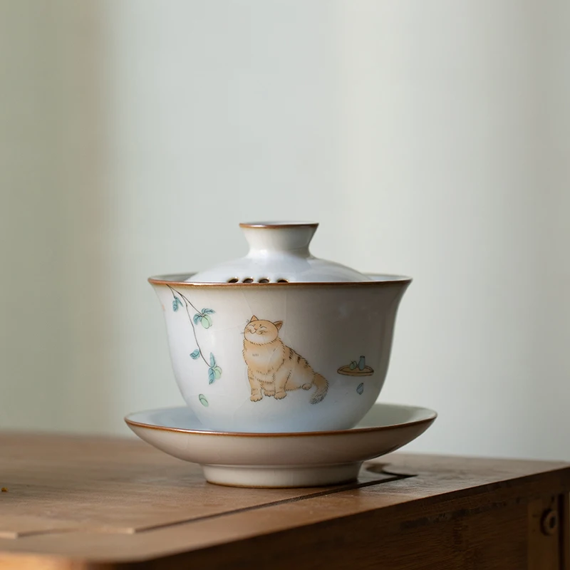 

Ceramic Gaiwan with Filters Cute Cat Porcelain Tureen 150ml