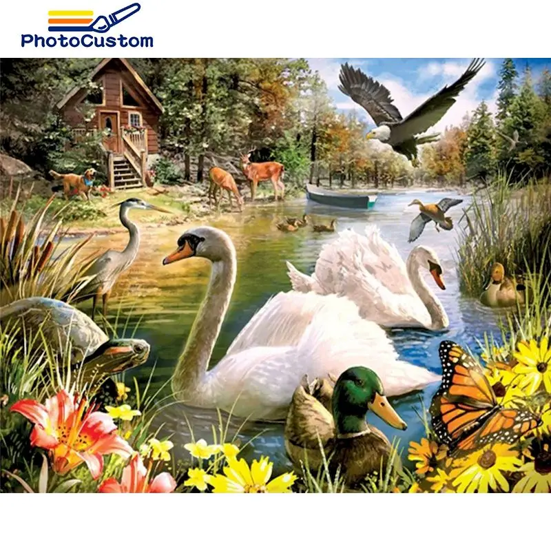 

PhotoCustom DIY Pictures By Number Swan Lake Kits Painting By Numbers Animals Drawing On Canvas Hand Painted Picture Gift Home D