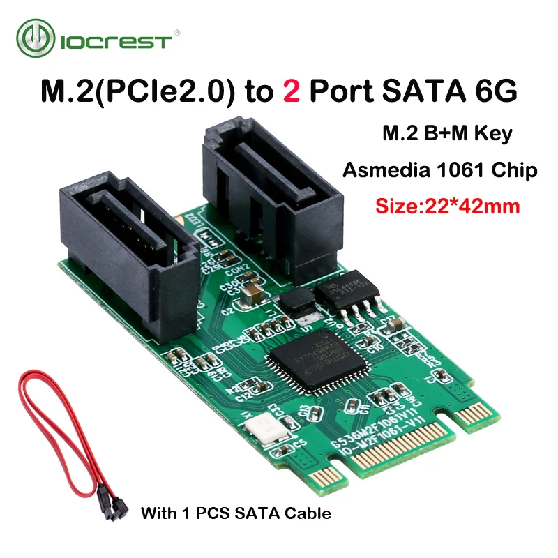 

IOCREST M.2 Ngff B+M Key 22x42 PCIe 2.0 Bus to 2 Port 3.0 SATA III 6G Controller Adapter Card Asmedia 1061 Chip