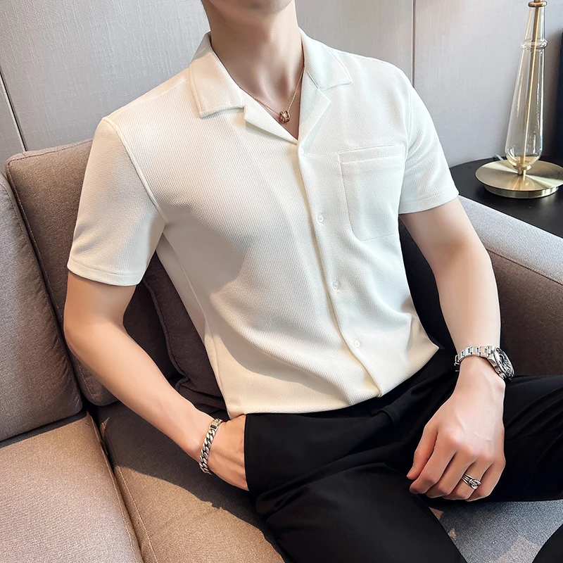

Summer V-Neck Short Sleeve Shirt Men Classic Plaid One Pocket Business Casual Mens Dress Shirt Brand Chemise Homme De Luxe Blanc