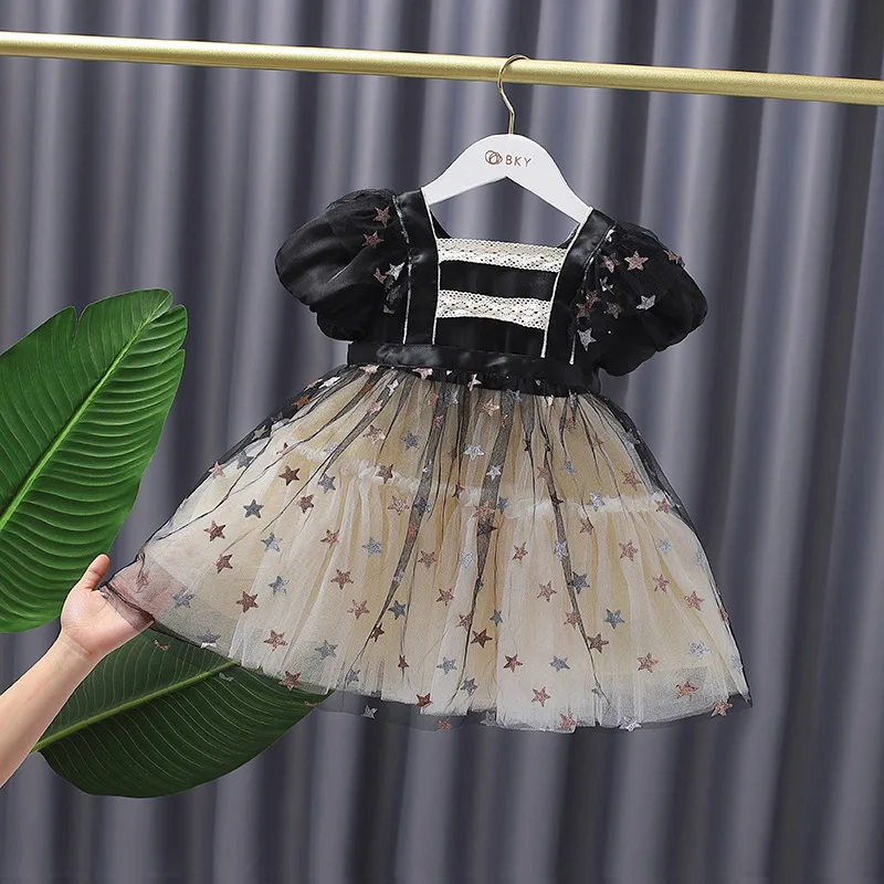 

Summer Baby Girl Little Star Mesh Bubble Sleeve Sweet Fashion Temperament Princess Skirt Family Matching Outfits Mom and Me