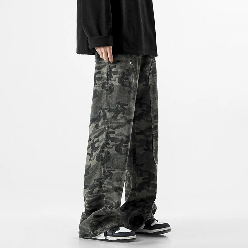 DEEPTOWN Camouflage Cargo Jeans Men's Military Pants Streetwear Straight Denim Trousers Male Retro Loose Casual Fashion Spring