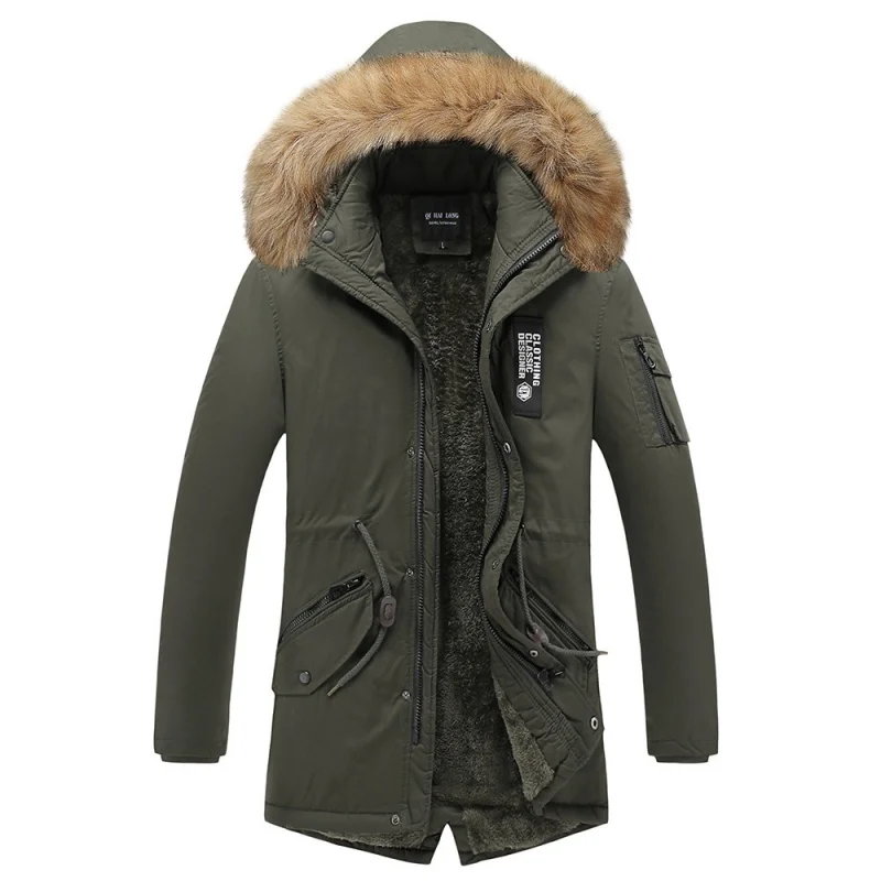Men's Coat Fleece Thick Warm Outerwear Winter Coat New Pike Coat Fashion Hooded Fur Collar Windproof Medium Length