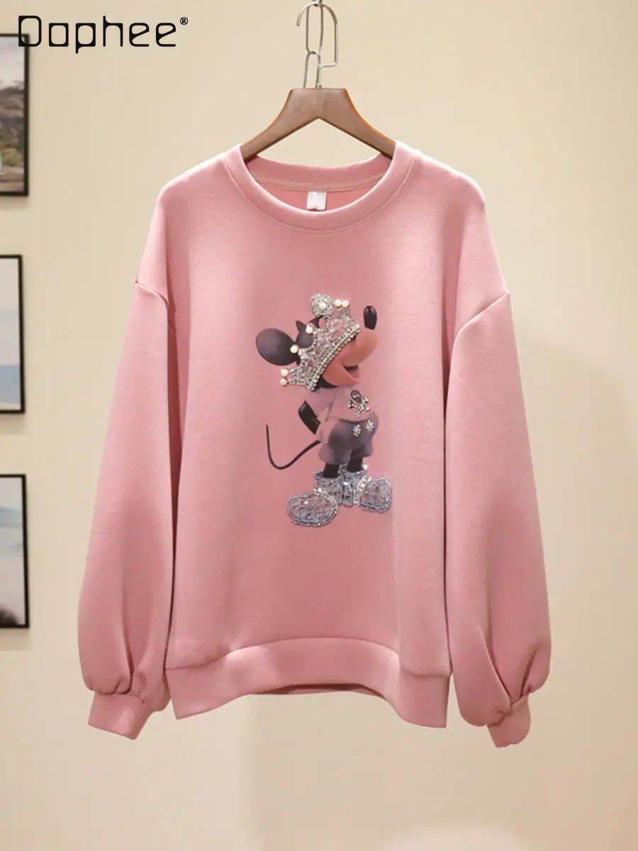 

Spring and Autumn Women's Clothing Loose Sequins Beaded Cotton Hoodies Female Student Round Neck Pullover Long Sleeve Sweatshirt