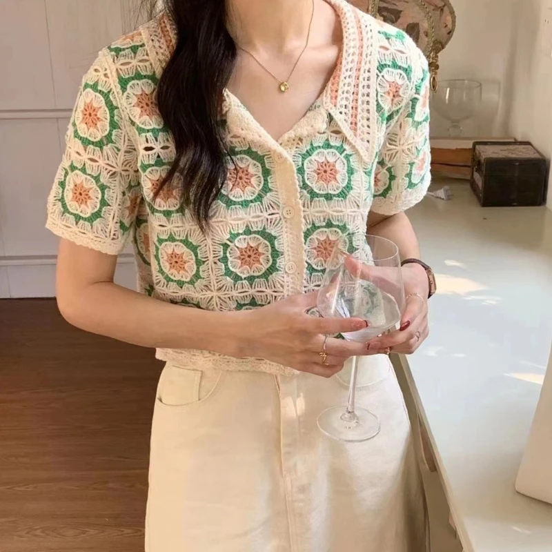 

Women Crochet Knit Geometric Short Sleeve Lapel Button Up Crop Cardigan T-Shirts