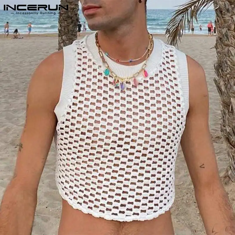 

Men's Solid Fashionable Waistcoat Sleeveless Crop Party Nightclub Tank Tops Male See-though Breathable Mesh Vests S-5XL INCERUN