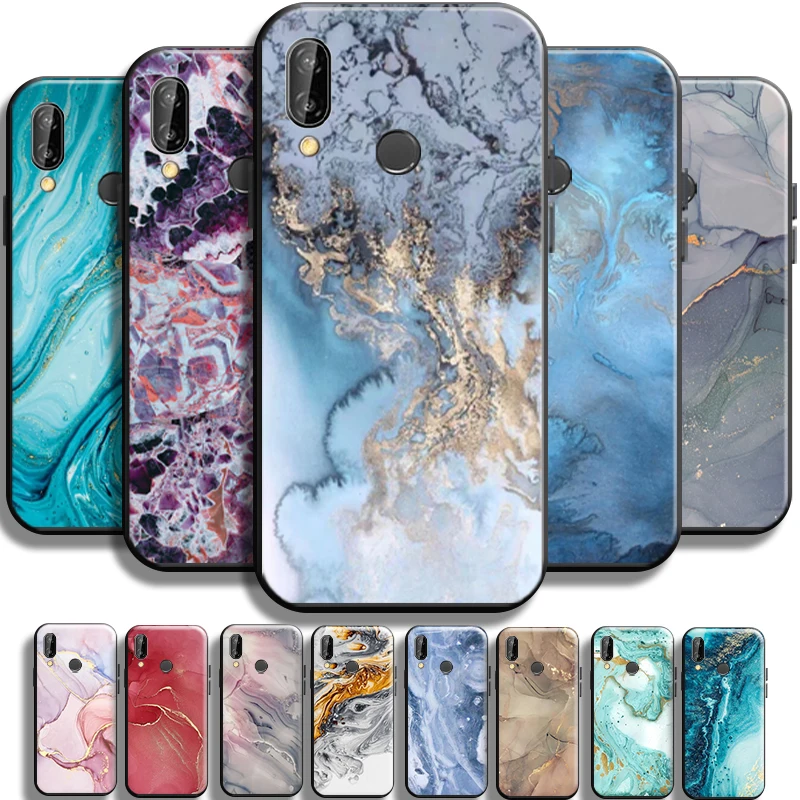 

Watercolor Painting Marble Phone Case For Huawei P20 Pro P20 Lite Liquid Silicon Carcasa Funda Black Cover Shell Cases