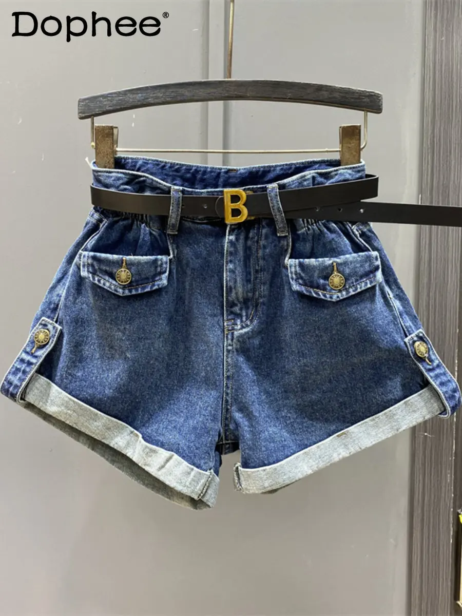 

2023 Spring Summer New Retro Design High Waist Denim Shorts Women Wide Leg A- Line Slimming Curling Short Jeans Femme Hot Pants