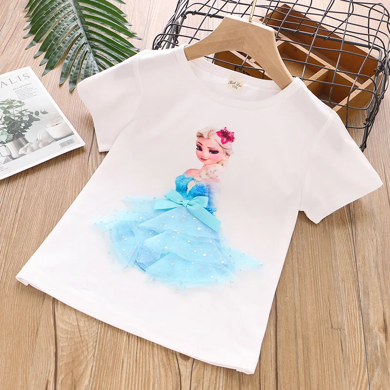 Pretty Summer Little Girls Short Sleeve Shirt Elsa Sofia Princess Printed Children Clothes Birthday Children Outfits Costume