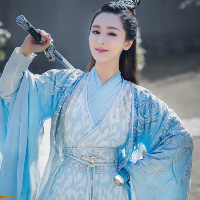 3 Designs Blue Chiffon Full Embroidery Costume with Long Train Actress Yangzi Lu Xueqi Drama Zhu Xian Legend of Chushen Outfit