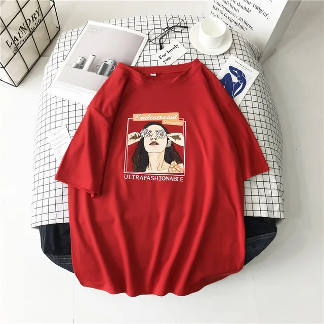 

2021 Letter Printed Female White Tee Tops O-Neck Oversize Short Sleeve Femme Shirt Spring/Autumn