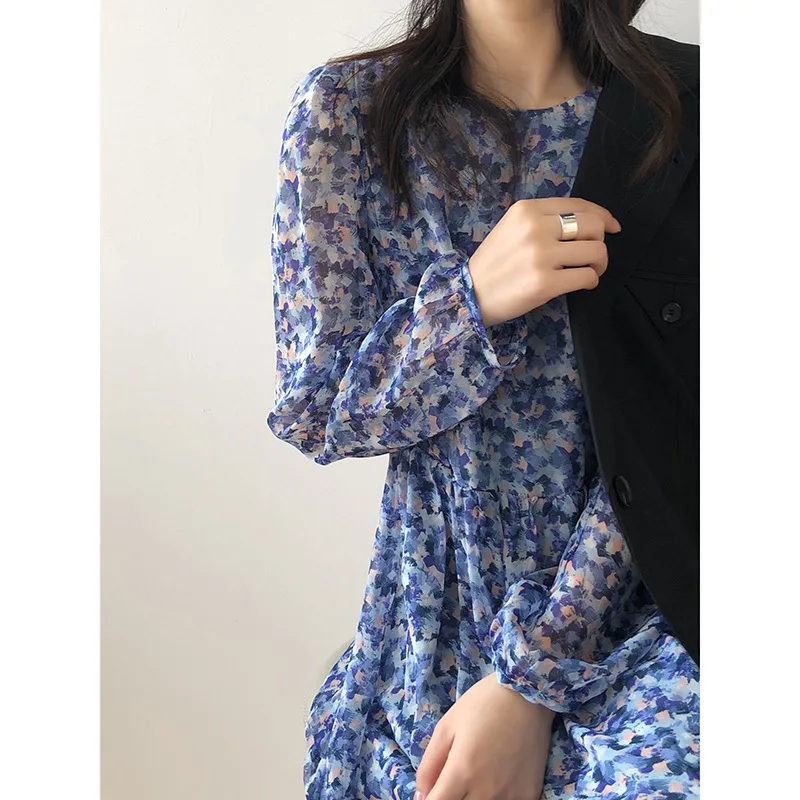 

COIGARSAM Women Long Dress Spring 2022 New Floral Print Puff Sleeve O-Neck High Waist Belt Dresses Dropshipping