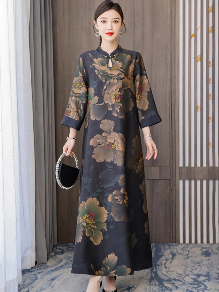 Autumn Winter Floral Silk Long Sleeve Maxi Dress Women Fashion Casaul Loose Waist Dress 2023 Korean Vintage Elegant Night Dress