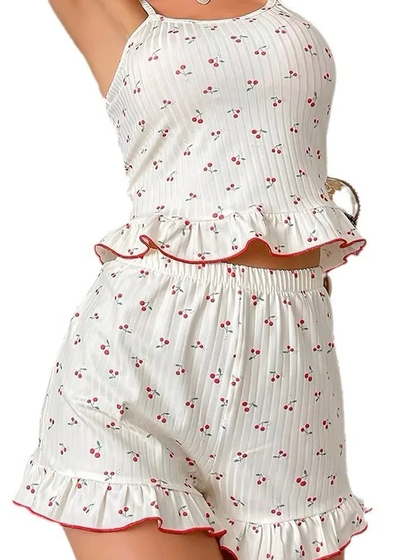 2024 Новый вишневый камзол с принтом домашний сексуальный сладкий комплект