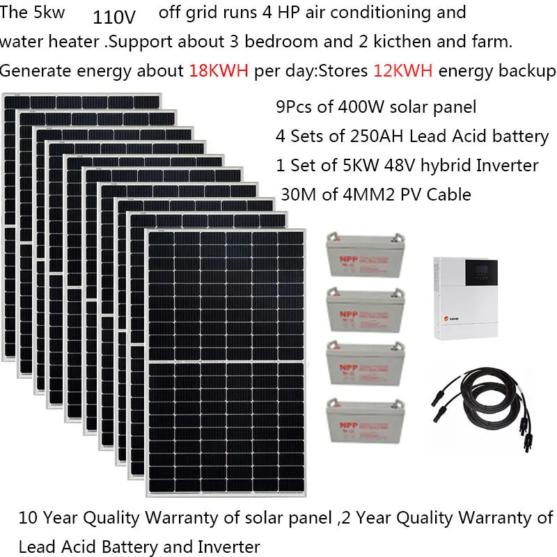 Solar Panel Kit Complete 5000W 5kW 220v 110V PV Panel 400w Hybrid Inverter MPPT Battery 100AH Off Grid System 4HP Home House