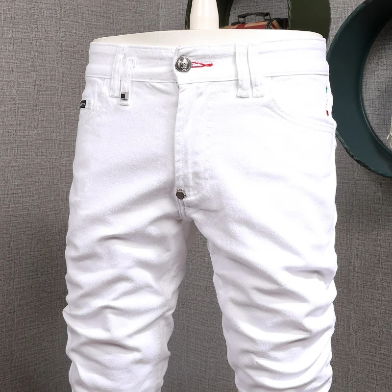 Fashion Designer Men Jeans High Quality Stretch Slim Fit White Jeans Men Elastic Trousers Vintage Casual Denim Pants Hombre