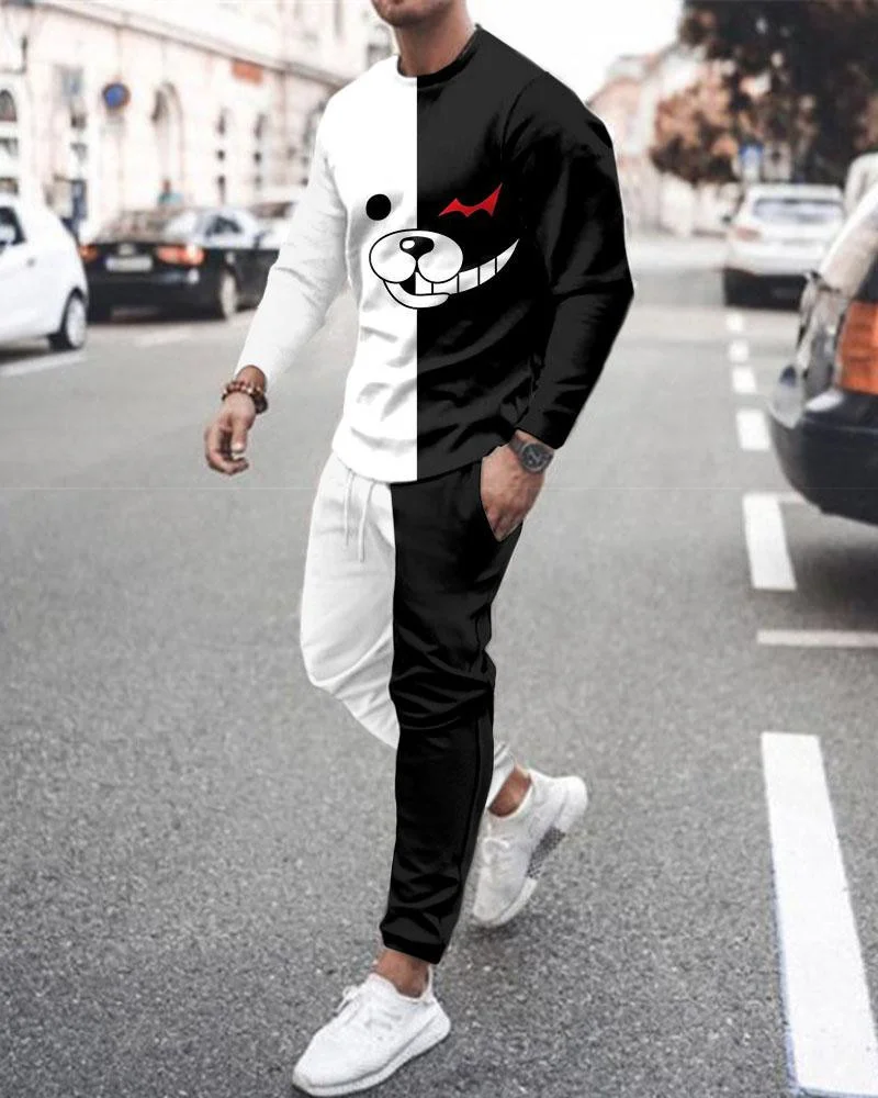

Spring Men's T-shirt Set Fashion Round Neck Male Sweatsuit Long Sleeves T shirt +Pants Printing 2 Pc Sets Sportswear Large Size