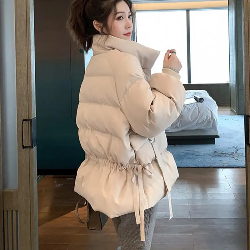 Women Short Korean Style Loose Winter Coats Cotton-Padded Thickening Jackets Down Quilted Velvet Waisted Female Overcoat Outwear