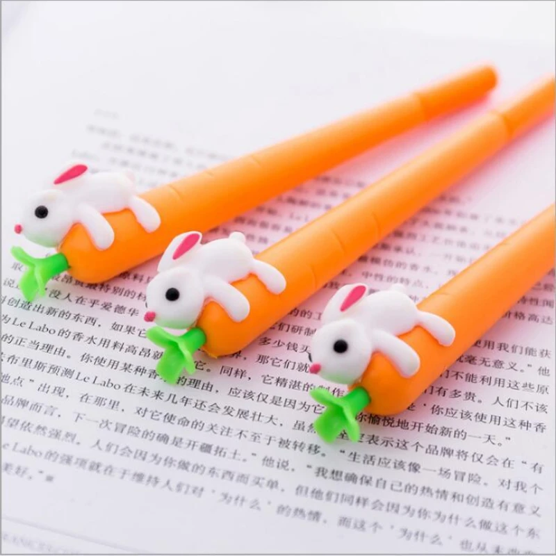 

10PCS Cute rabbit holding radish pen, neutral pen, black needle tube, signature pen, cartoon, soft glue pen, new pen